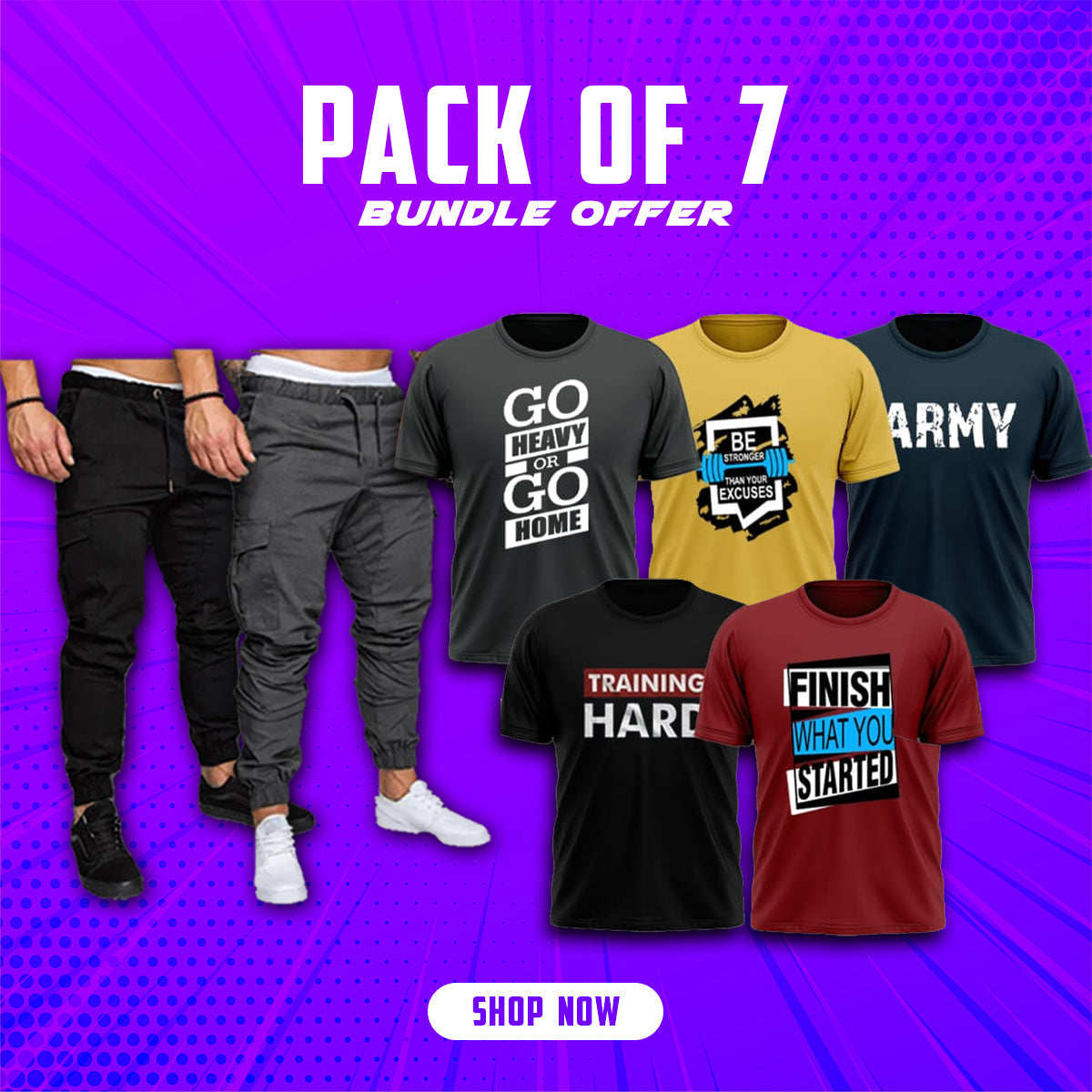 Pack of 7 Graphic T-Shirts + Cargo Trousers